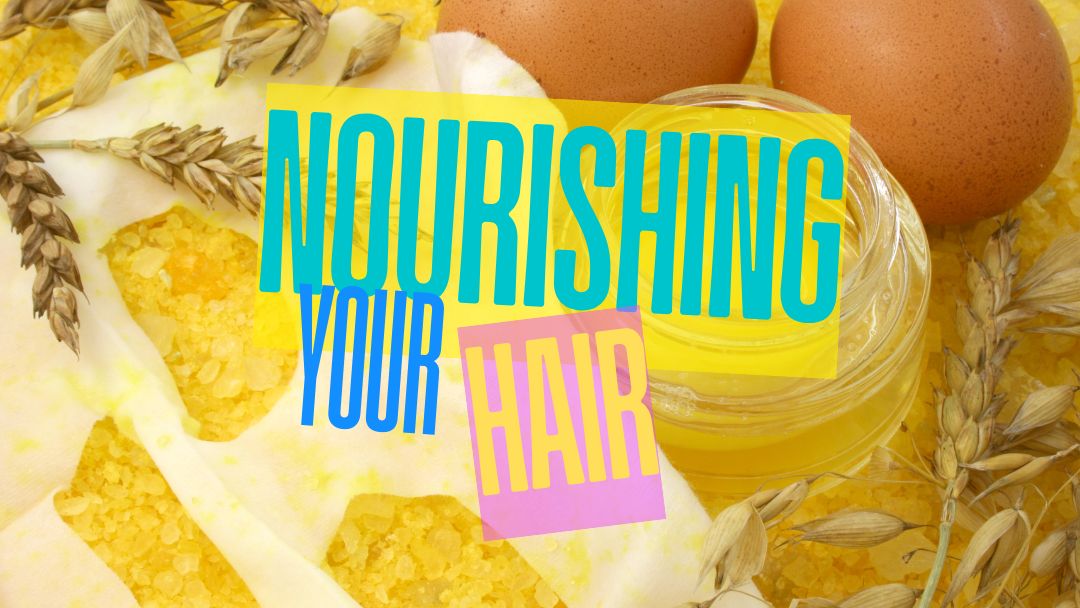 Header  with protiein rich foods background and text "Nourishung Your Hair"