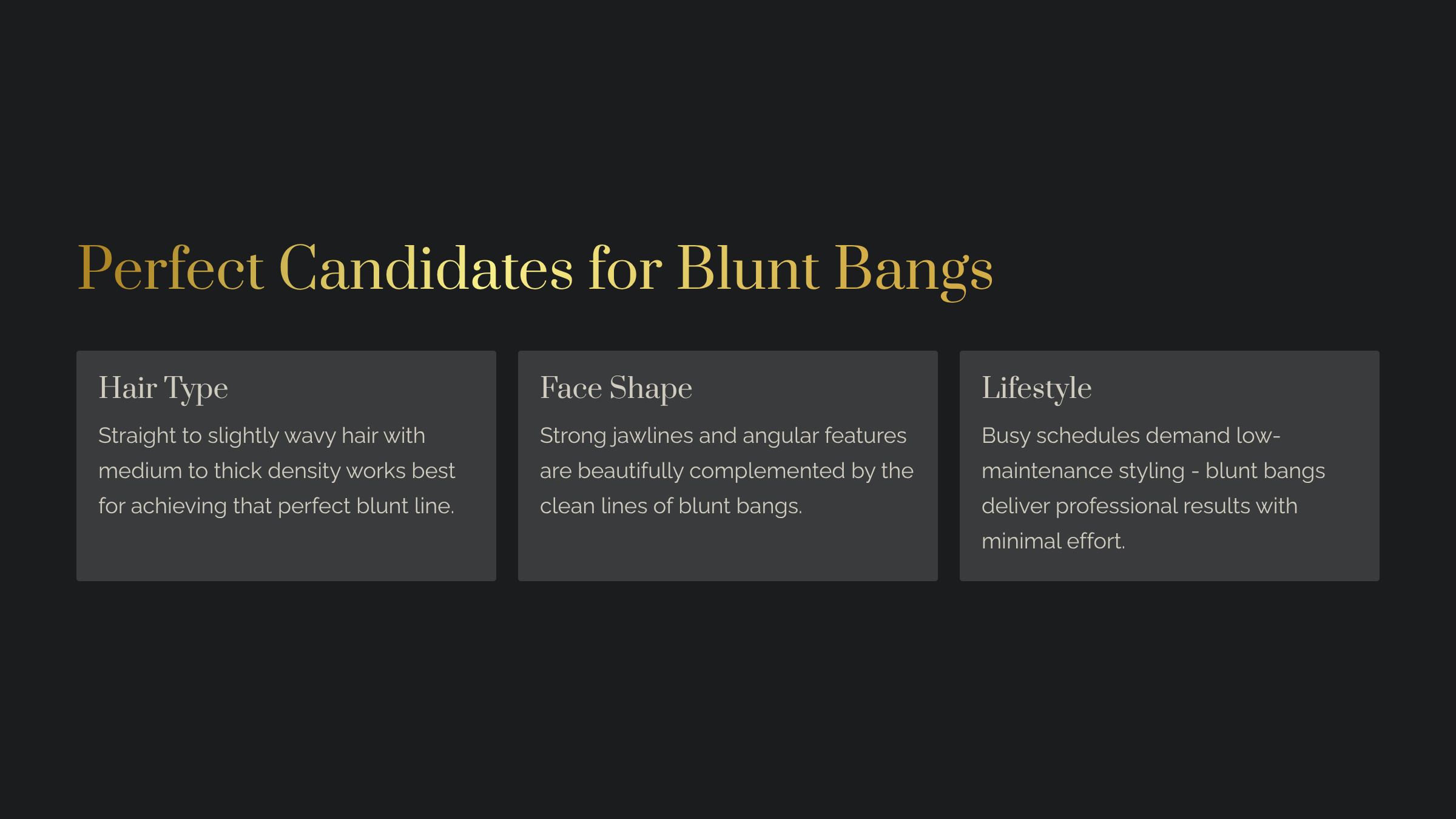 Graphic titled "Perfect Candidates for Blunt Bangs, describing Hair Type, Face Shape & Lifestyle