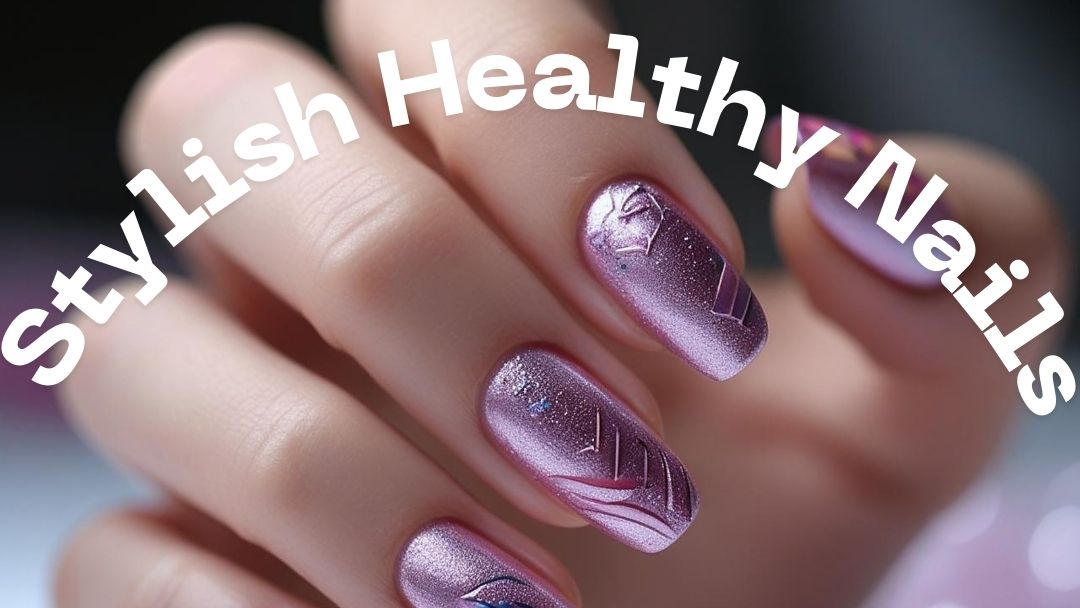 Header image with backgound of a womens hand showing trendy purple nails with Text "Stylish Healthy Nails"