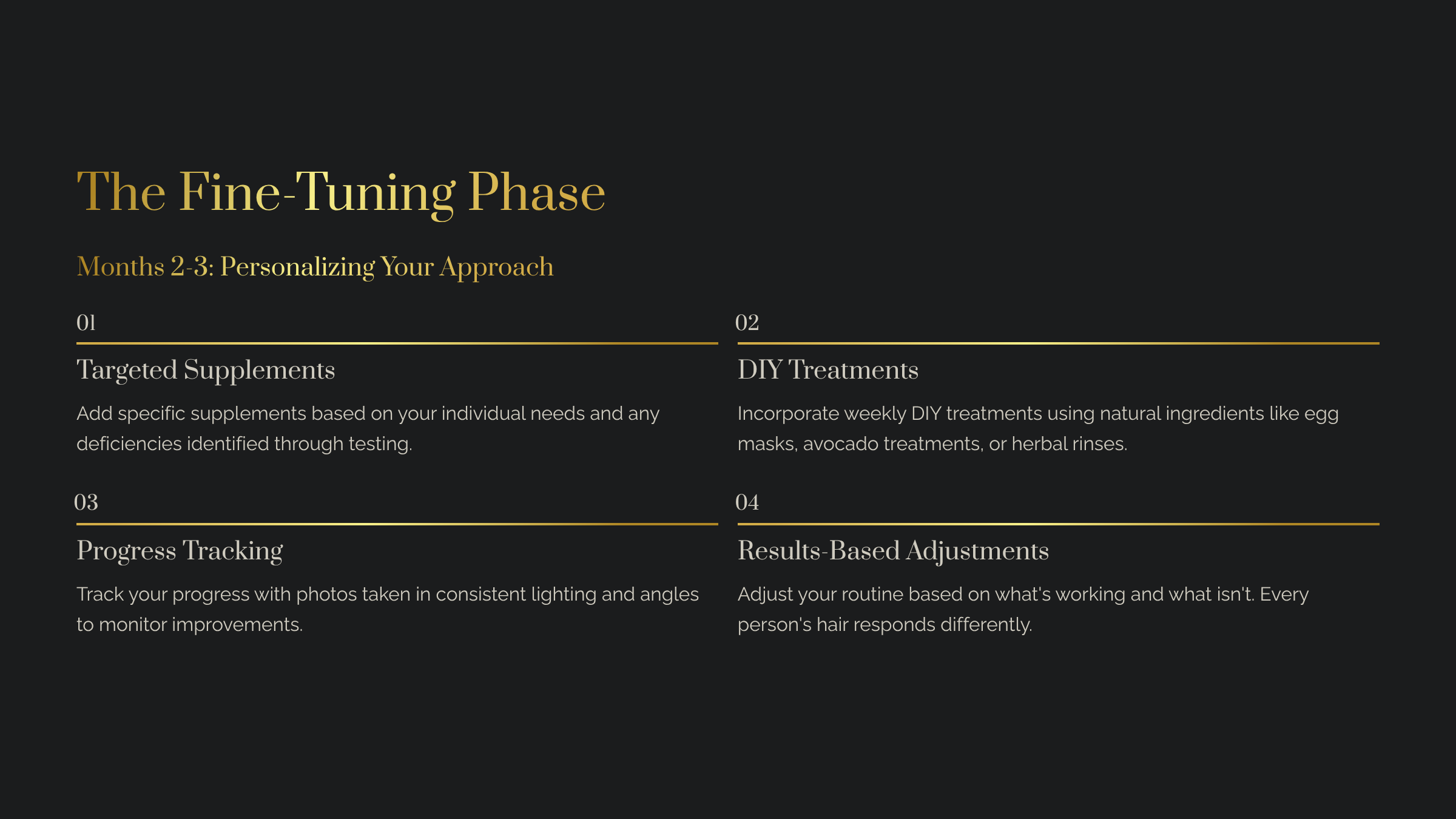 Graphic titled "The Fine-Tuning Phases. Months 2-3; Supplements, Progress Tracking, DIY Treatments, Adjustments