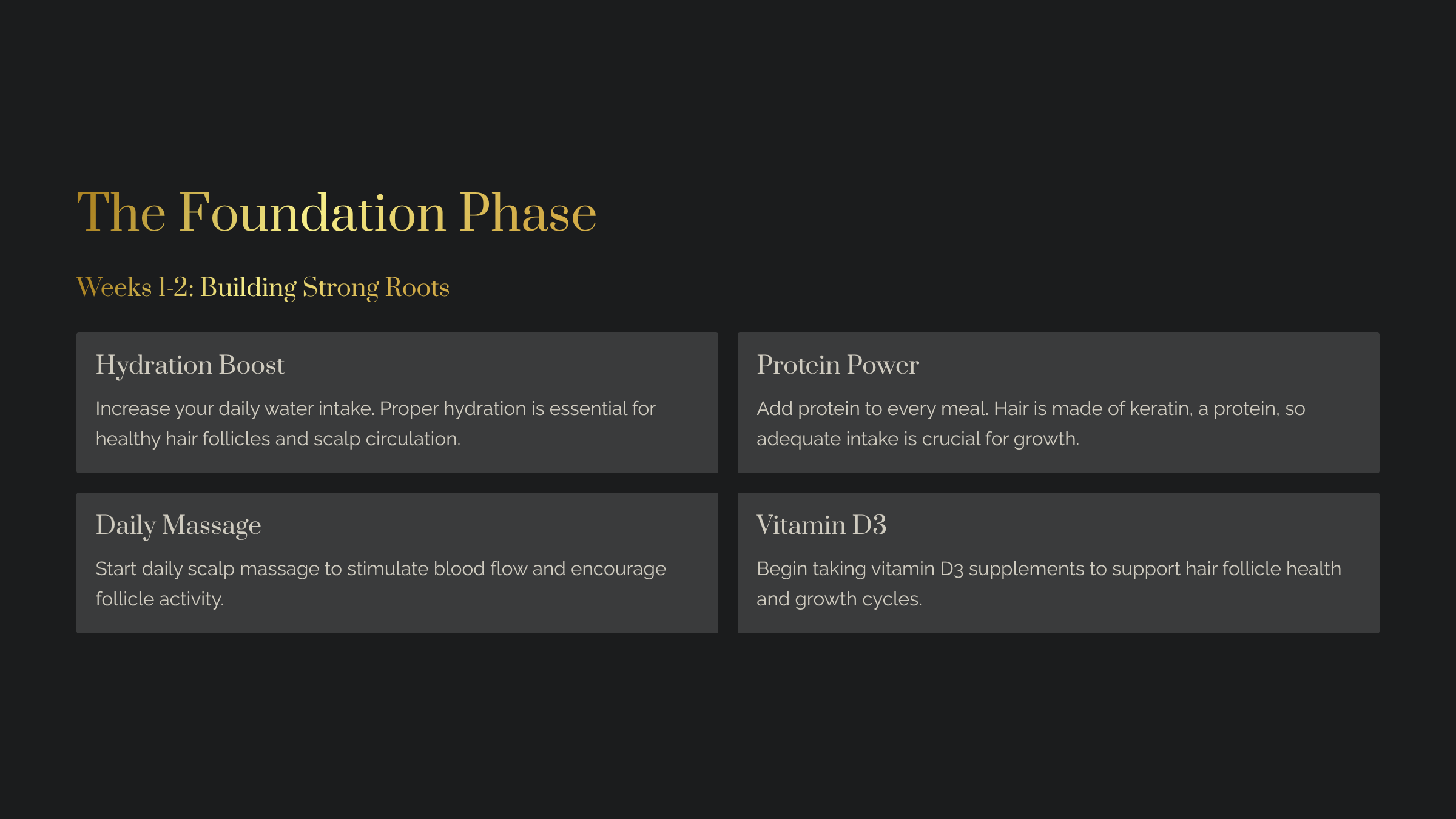 Graphic titled " The Foundation Phase" Weeks 1-2;Hydration, Massage, Protein Power, Vitamin D3