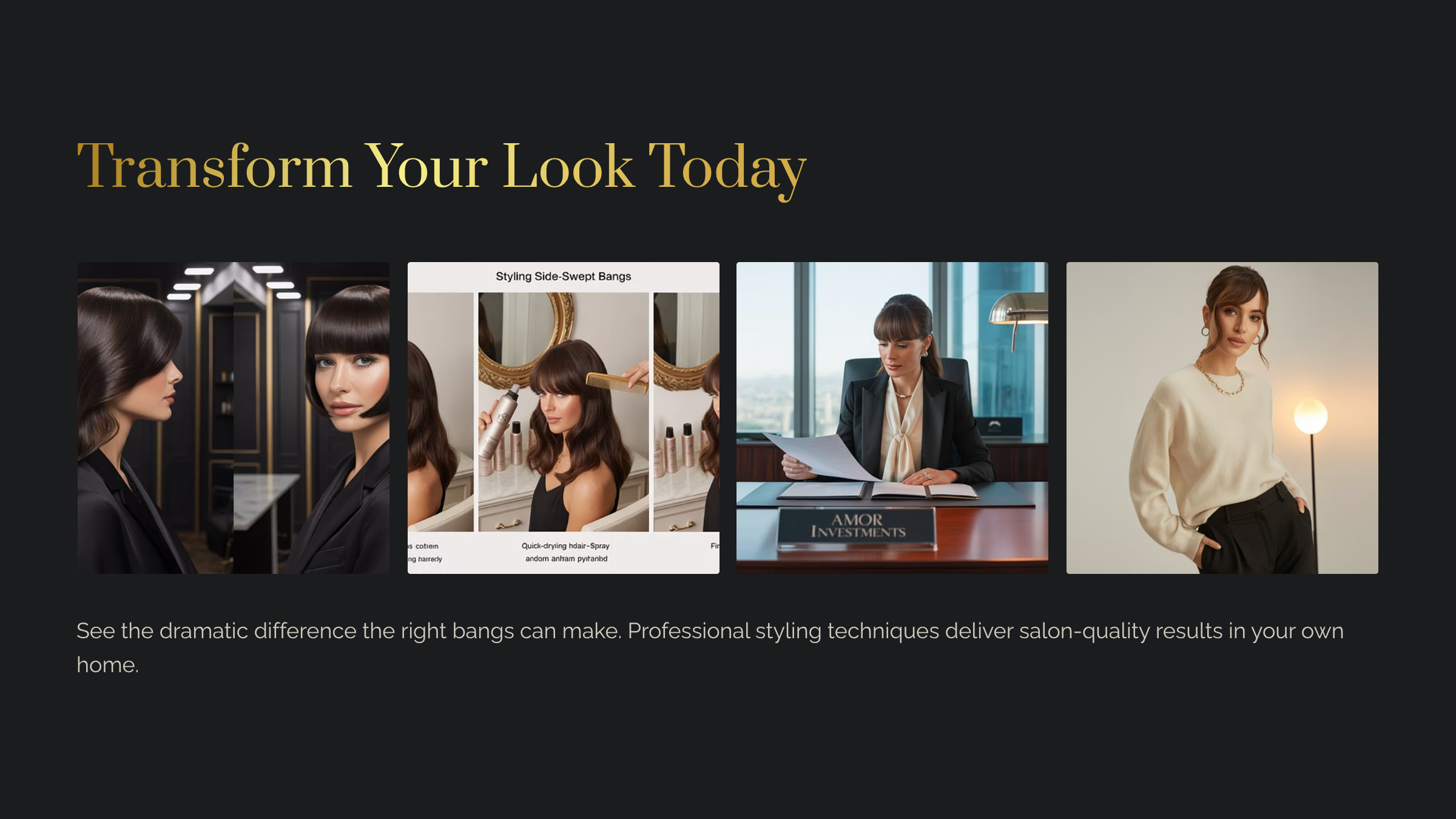 Graphic titled "Transform Your Look Today". Showing 4 different Bang Hairstyle looks for women in morning outfits