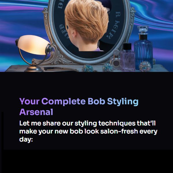 Graphic of rear view of women with auburn hair and mid-Bob hairstyle, titled "Your Complete Bob Styling Guide