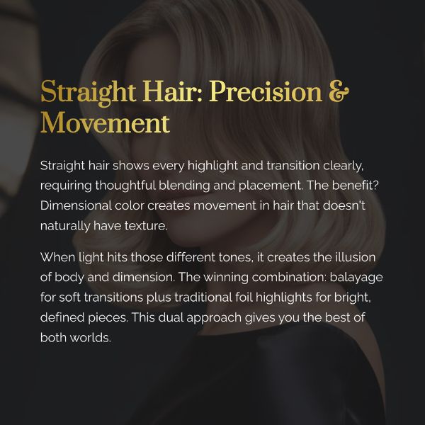 Graphic titled "Straight Hair: Precision and Movement covering; clear highlights for transion and different tones for body and dimenaion