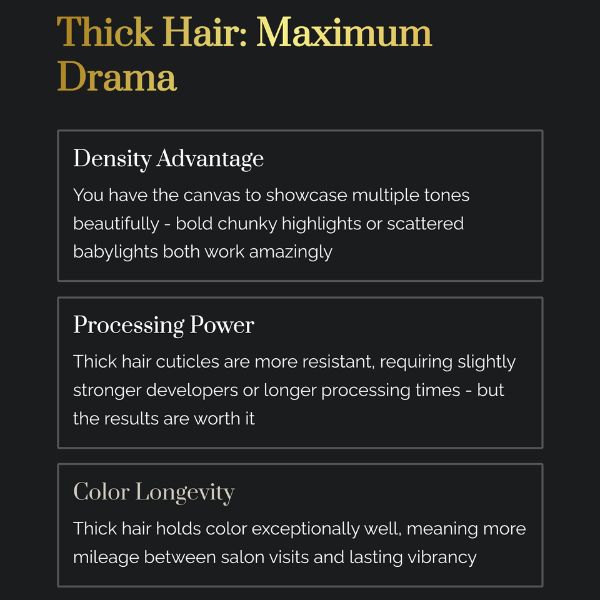 Graphic title "Thick Hair: Maximum Drama" describing; dimmensional color Density Advantage, Processing Power, Color Longivity