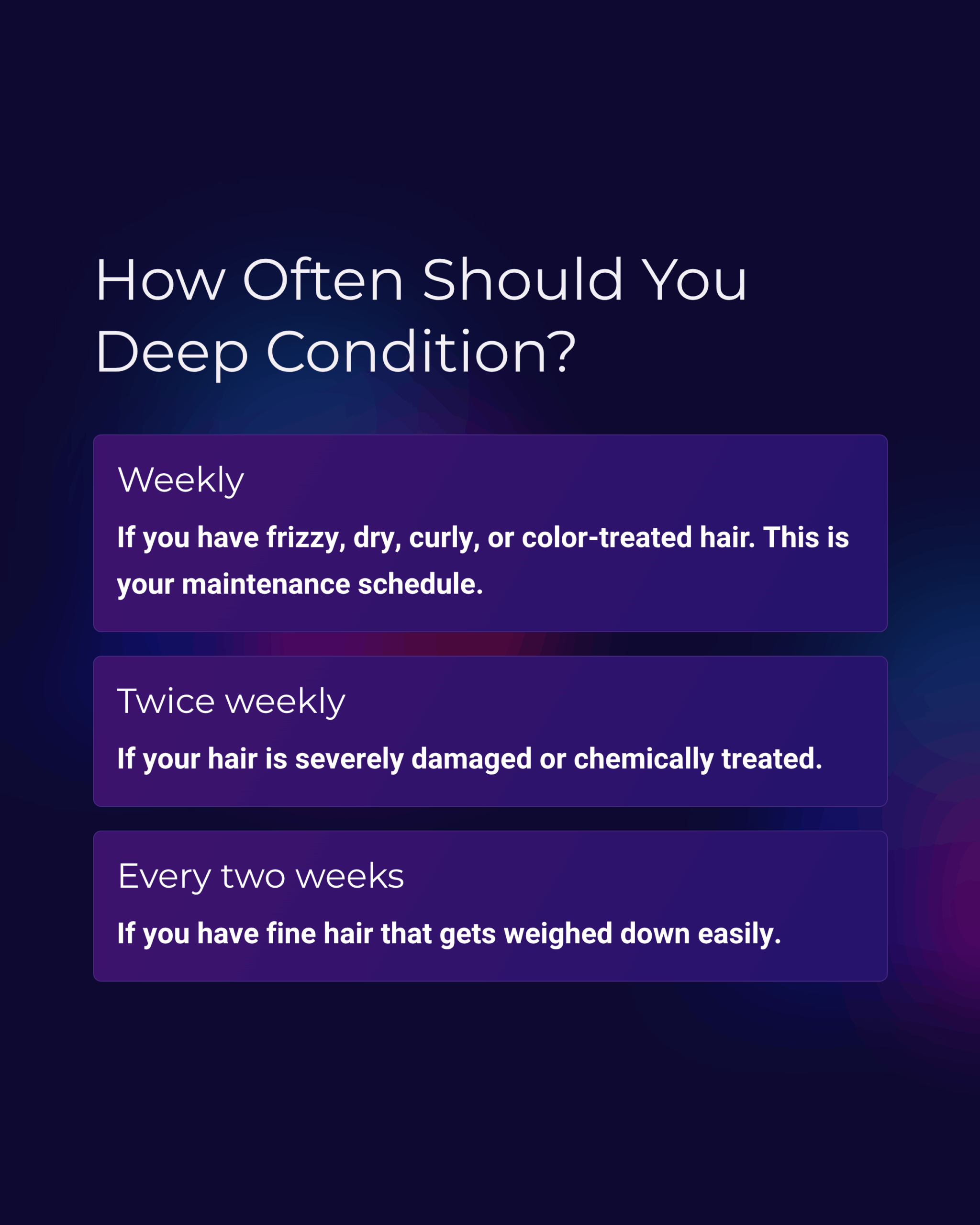 Graphic titled, How Often Should I Deep Condition, nting weekly,Twice Weekly and every two weeks descriptions.