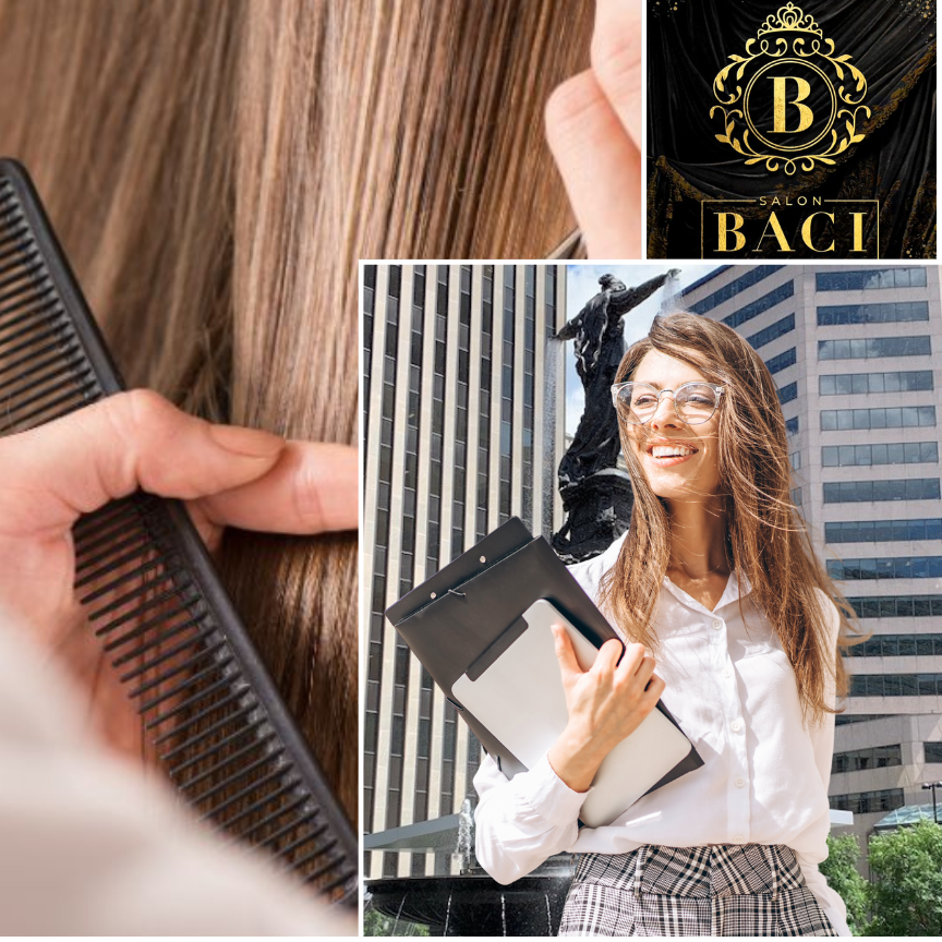 Background the hands of a stylist cutting back of long hair with overlay of a Confident professional woman smiling outdoors, representing the modern, stylish Salon Baci client in downtown Cincinnati